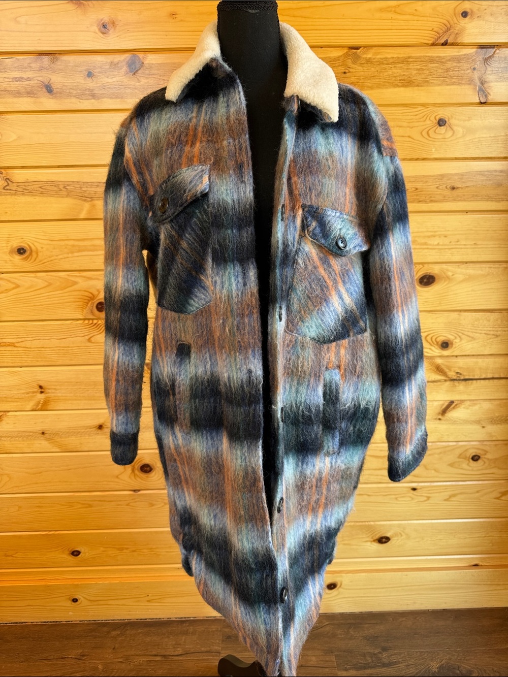 Blank NYC Plaid Shearling-Collar Trench Coat in Brown & Blue
